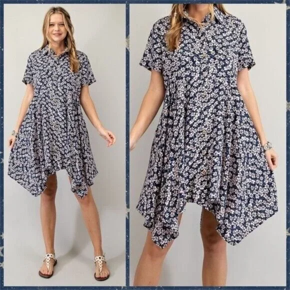 EASEL Lightweight Short Sleeved Collared Button Front Shark Bite Hem Shirt Dress - Picture 10 of 14